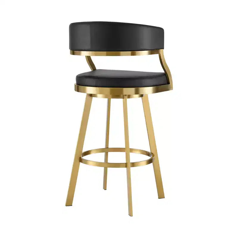 Black & Gold Counter Height Swivel Bar Chair – Faux Leather, Low Back with Arms