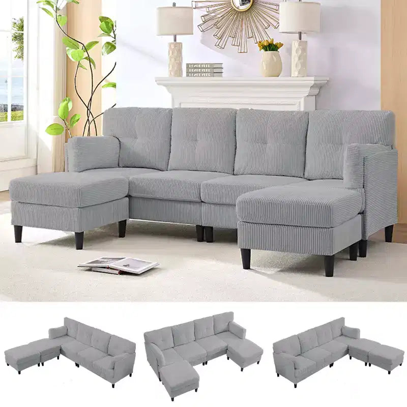 Corduroy U-Shape Modular Sectional Sofa – 4-Seater with 2 Movable Ottomans