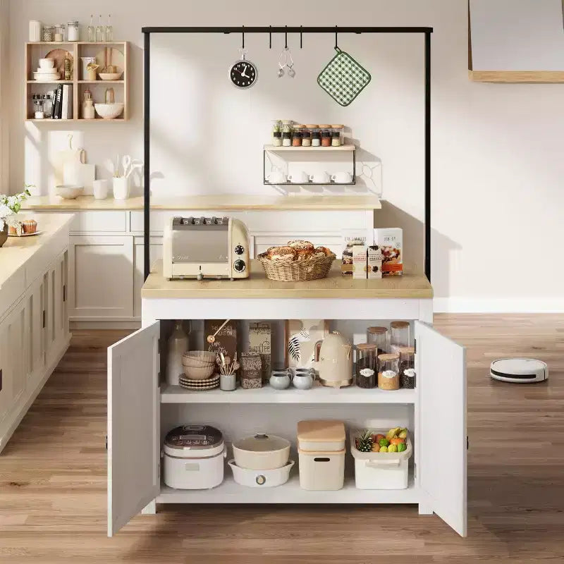 42" Mobile Kitchen Island Cart with Wood Countertop, 3-Tier Shelves & 5 Hooks