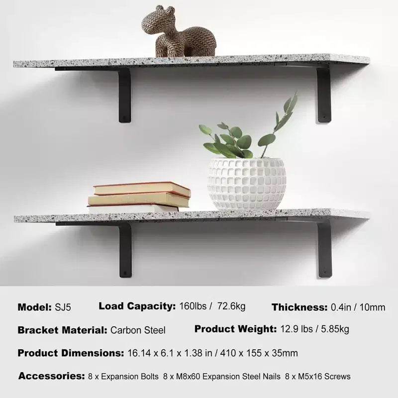 Heavy Duty Floating Shelf Brackets – 16x6", 10mm Thick Cast Iron, Matte Black, 4-Pack