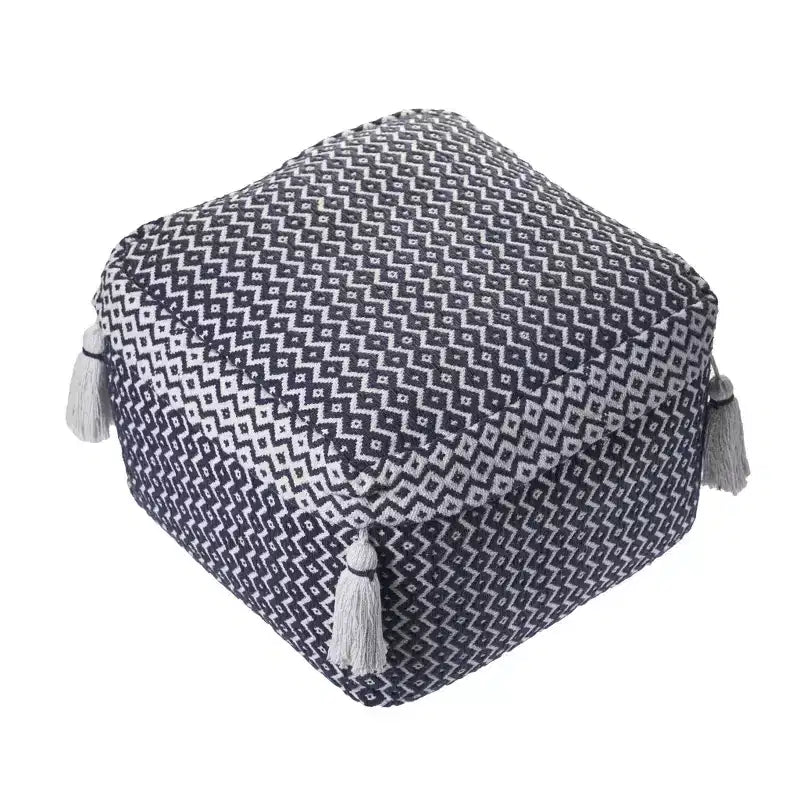 18" Blue Cotton Geometric Pouf Ottoman – Footrest, Extra Seat, No Assembly