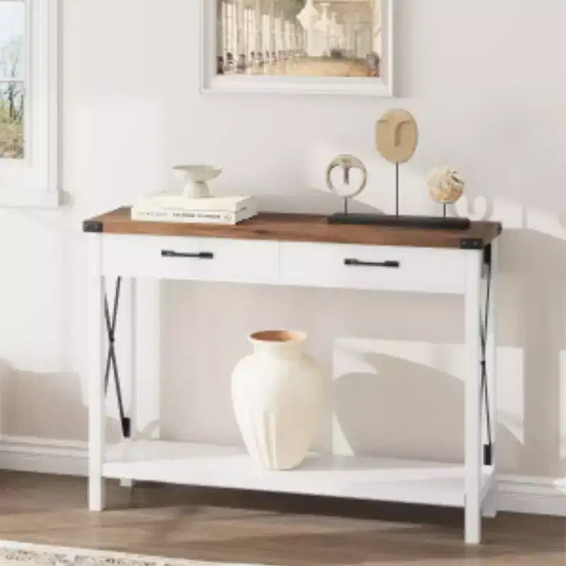 Panel 2-Tier MDF Console Table with Wooden Legs