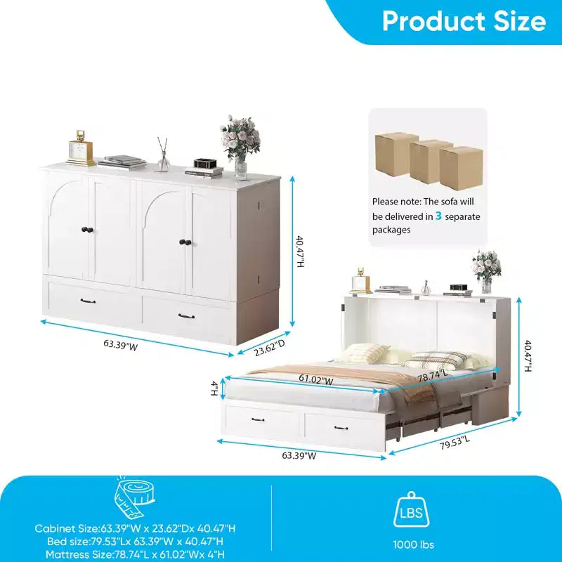 Queen Murphy Bed Cabinet with Storage Drawers & USB Charging Station – Optional Mattress