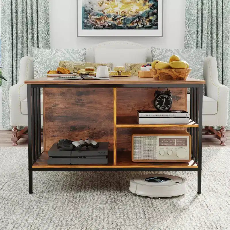 Farmhouse Lift Top Coffee Table – Hidden Storage, 3 Shelves & Adjustable Height