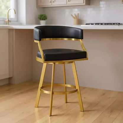 Black & Gold Counter Height Swivel Bar Chair – Faux Leather, Low Back with Arms