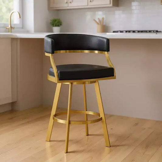 Black & Gold Counter Height Swivel Bar Chair – Faux Leather, Low Back with Arms