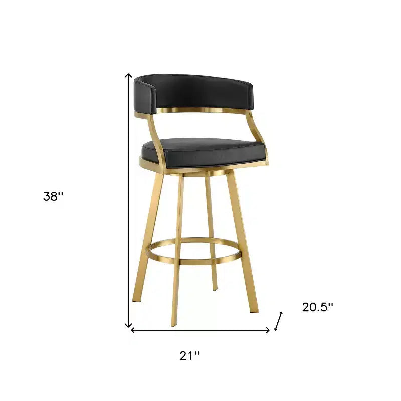 Black & Gold Counter Height Swivel Bar Chair – Faux Leather, Low Back with Arms