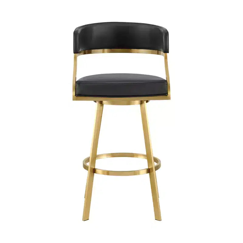 Black & Gold Counter Height Swivel Bar Chair – Faux Leather, Low Back with Arms