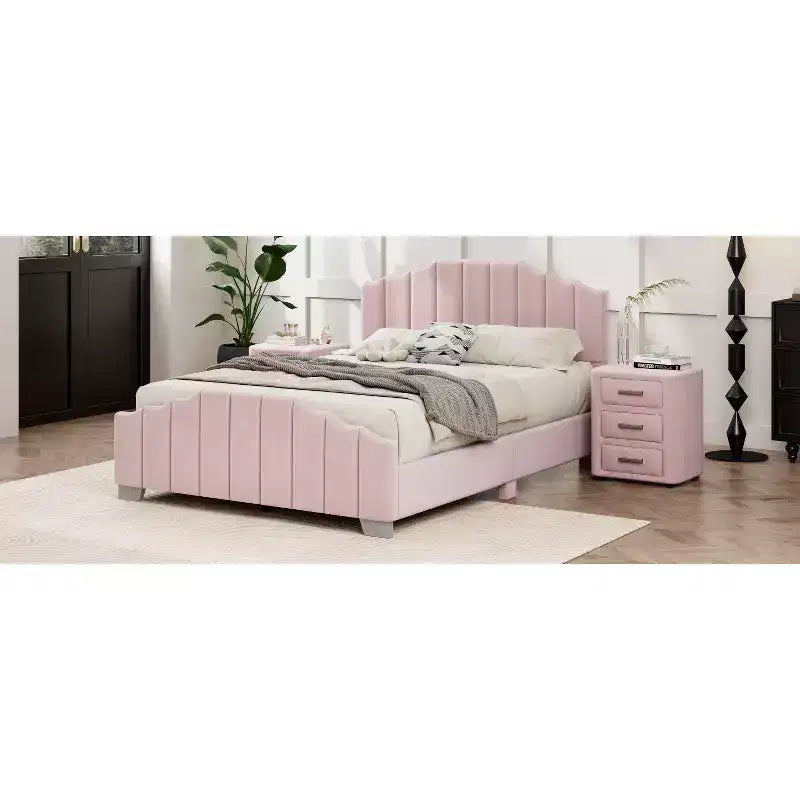 Velvet Upholstered Platform Bed Frame – Channel Tufted Headboard, Full/Queen