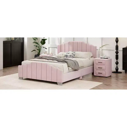 Velvet Upholstered Platform Bed Frame – Channel Tufted Headboard, Full/Queen