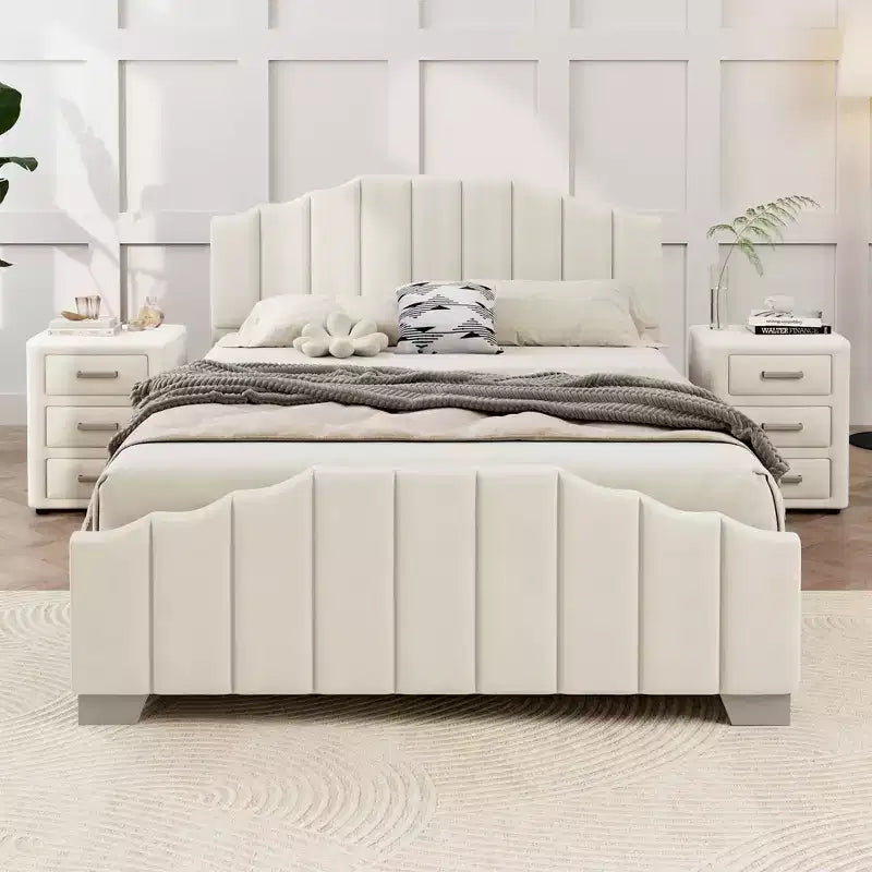 Velvet Upholstered Platform Bed Frame – Channel Tufted Headboard, Full/Queen