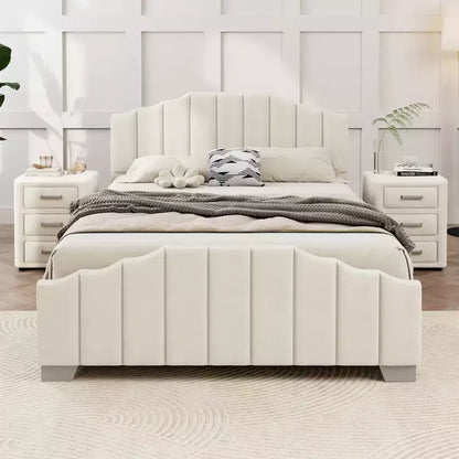 Velvet Upholstered Platform Bed Frame – Channel Tufted Headboard, Full/Queen