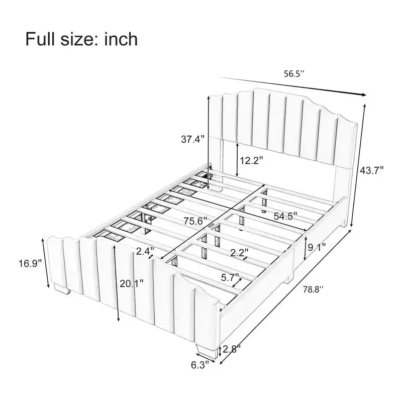 Velvet Upholstered Platform Bed Frame – Channel Tufted Headboard, Full/Queen