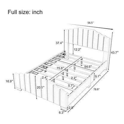 Velvet Upholstered Platform Bed Frame – Channel Tufted Headboard, Full/Queen