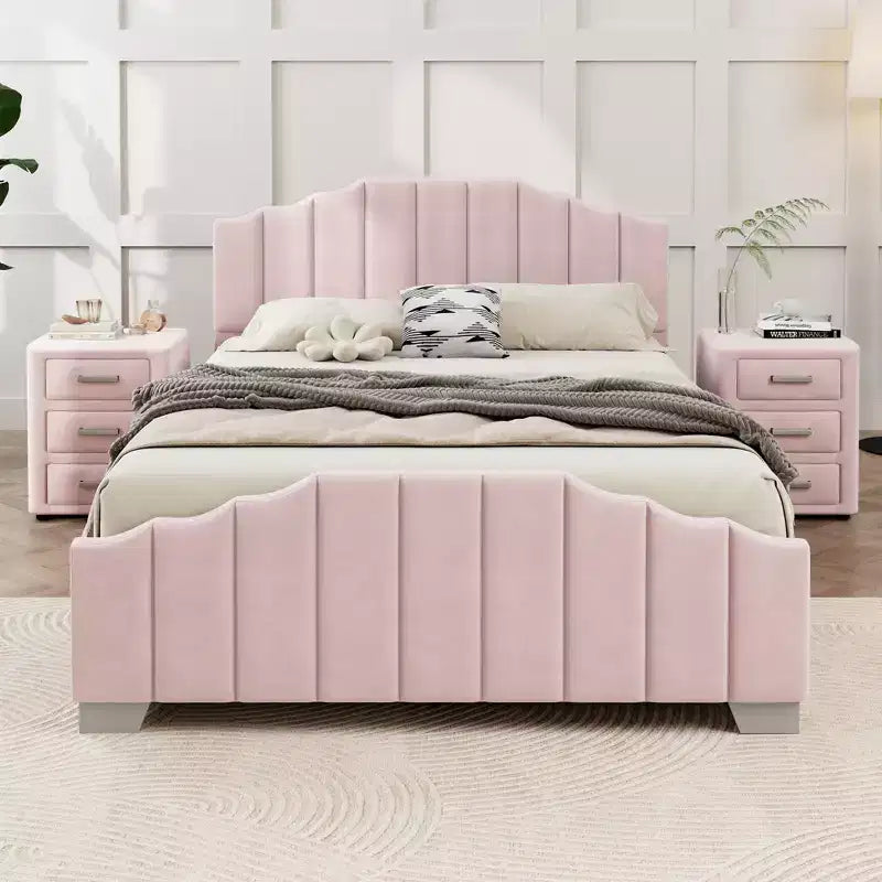 Velvet Upholstered Platform Bed Frame – Channel Tufted Headboard, Full/Queen
