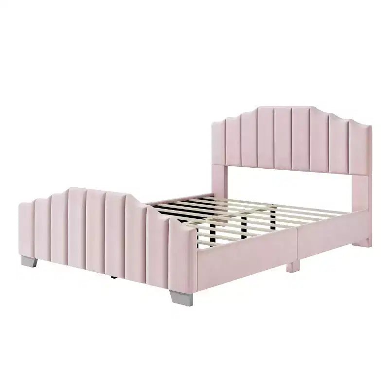 Velvet Upholstered Platform Bed Frame – Channel Tufted Headboard, Full/Queen
