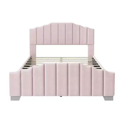 Velvet Upholstered Platform Bed Frame – Channel Tufted Headboard, Full/Queen