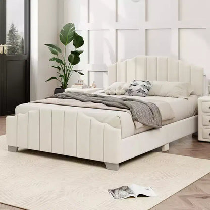 Okak Full/Queen Platform Bed Frame Velvet Upholstered Minimalist Bed with Vertical Channel Tufted Headboard Noise-Free No Springs Required, Beige