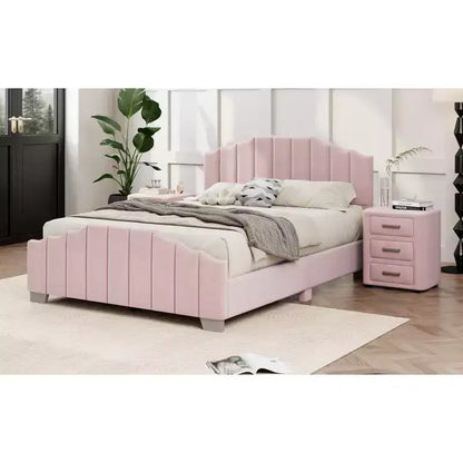 Velvet Upholstered Platform Bed Frame – Channel Tufted Headboard, Full/Queen