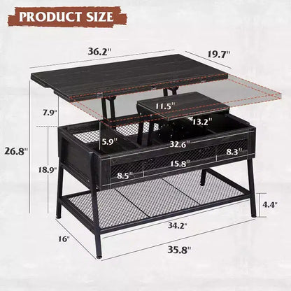 3-in-1 Lift Top Coffee Table Charcoal Black – Hidden Storage, Converts to Dining