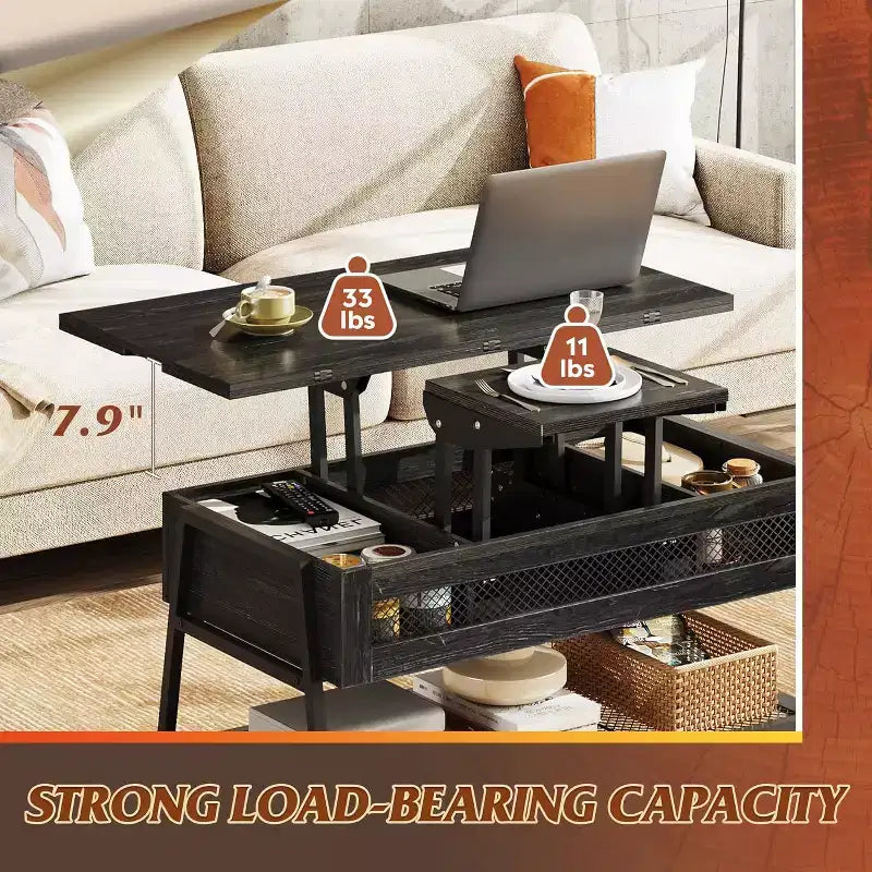 3-in-1 Lift Top Coffee Table Charcoal Black – Hidden Storage, Converts to Dining