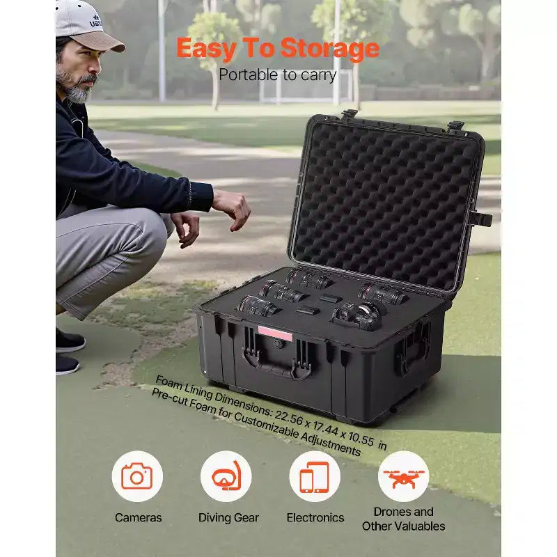 Weatherproof Hard Case with Pre-Cut Foam, Wheels & Retractable Handle – Black