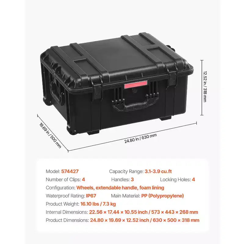 Weatherproof Hard Case with Pre-Cut Foam, Wheels & Retractable Handle – Black