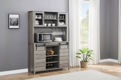 70'' Tall Farmhouse Coffee Bar Cabinet, Kitchen Hutch Storage with Sliding Barn Door, Tall Sideboard Buffet with Wine Rack,Home Bar, Gray