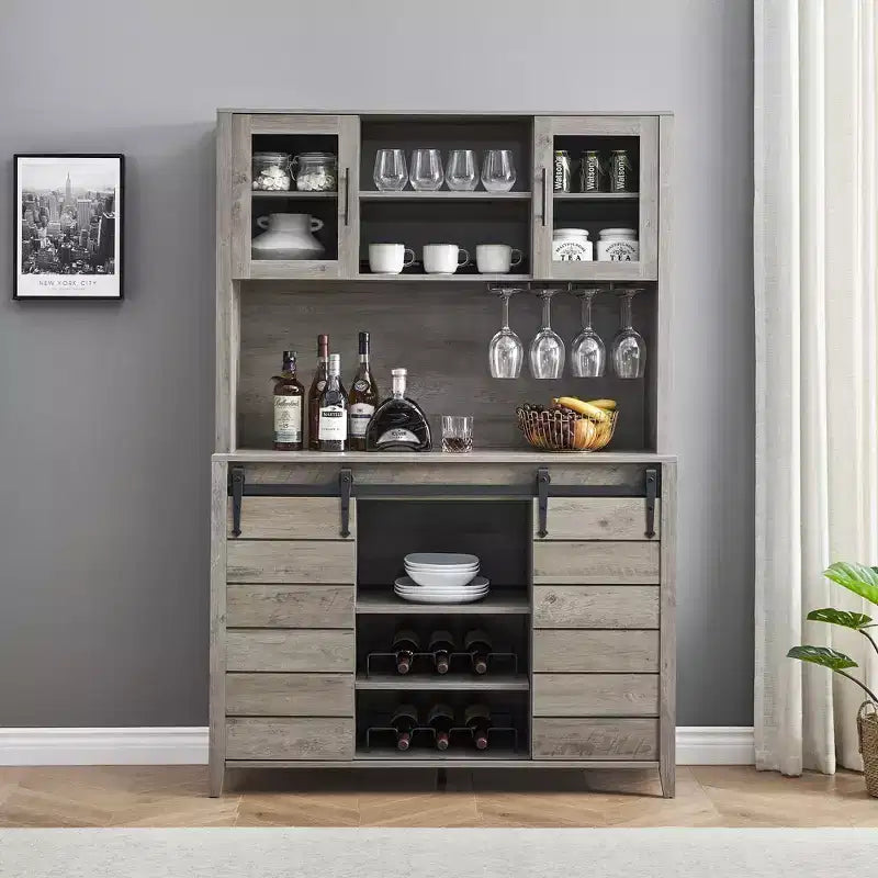 70" Tall Farmhouse Coffee Bar Cabinet Gray – Sliding Barn Doors, Wine Rack