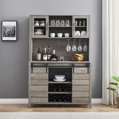 70" Tall Farmhouse Coffee Bar Cabinet Gray – Sliding Barn Doors, Wine Rack