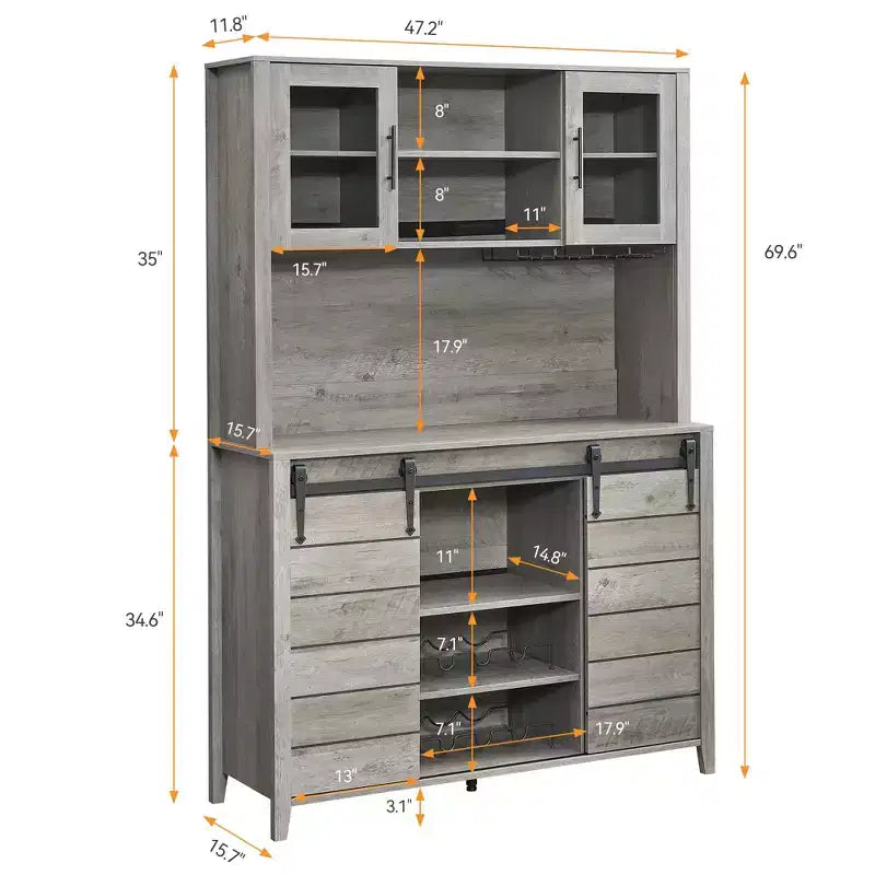 70" Tall Farmhouse Coffee Bar Cabinet Gray – Sliding Barn Doors, Wine Rack
