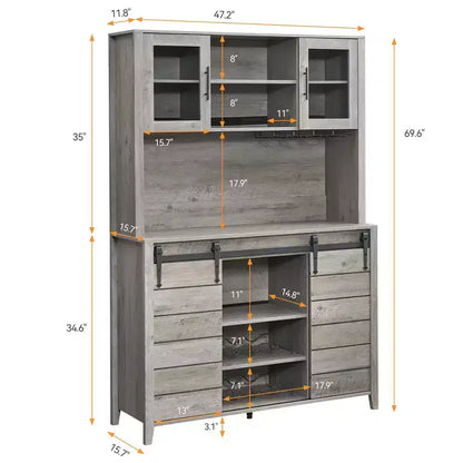 70" Tall Farmhouse Coffee Bar Cabinet Gray – Sliding Barn Doors, Wine Rack