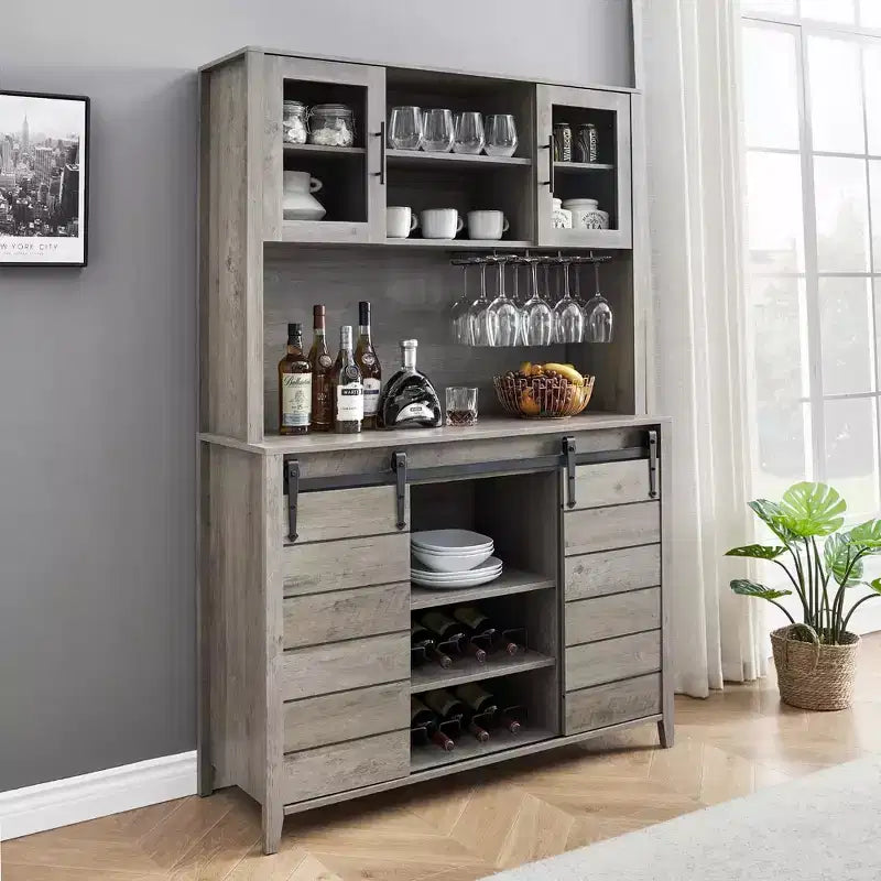 70" Tall Farmhouse Coffee Bar Cabinet Gray – Sliding Barn Doors, Wine Rack
