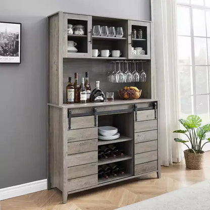 70" Tall Farmhouse Coffee Bar Cabinet Gray – Sliding Barn Doors, Wine Rack