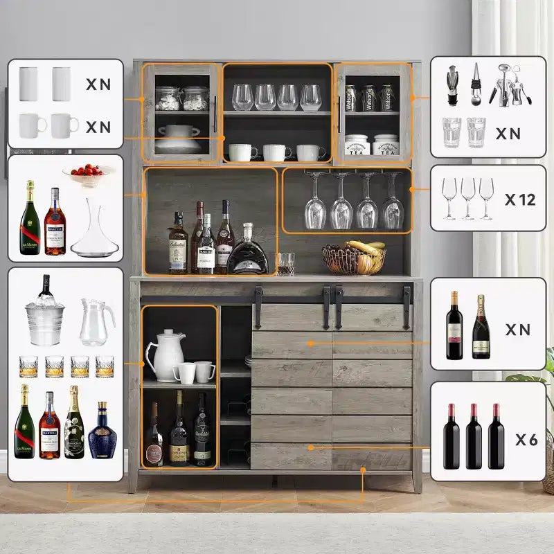 70" Tall Farmhouse Coffee Bar Cabinet Gray – Sliding Barn Doors, Wine Rack