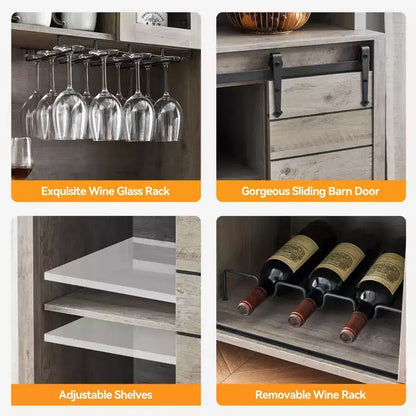70" Tall Farmhouse Coffee Bar Cabinet Gray – Sliding Barn Doors, Wine Rack
