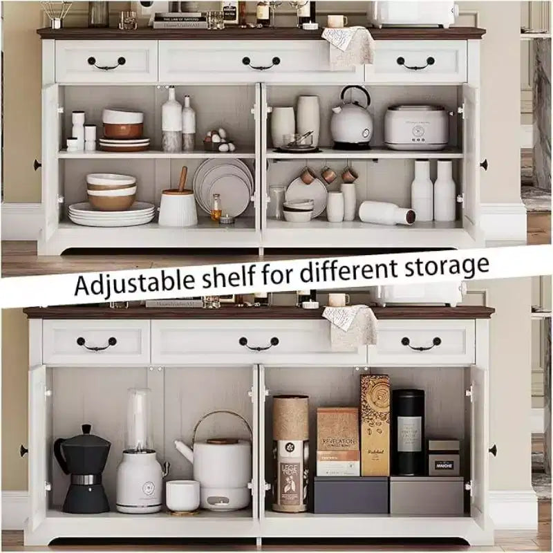 65" Large Farmhouse Buffet Storage Cabinet – 3 Drawers, 4 Doors, Fir Wood