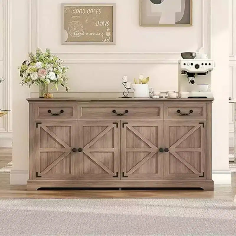 65" Large Farmhouse Buffet Storage Cabinet – 3 Drawers, 4 Doors, Fir Wood