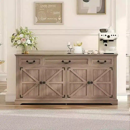 65" Large Farmhouse Buffet Storage Cabinet – 3 Drawers, 4 Doors, Fir Wood