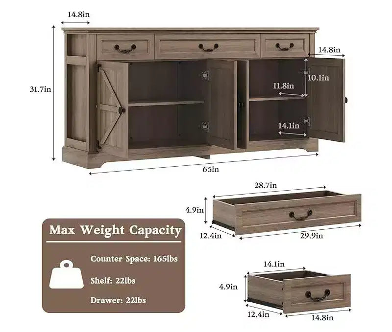 65" Large Farmhouse Buffet Storage Cabinet – 3 Drawers, 4 Doors, Fir Wood