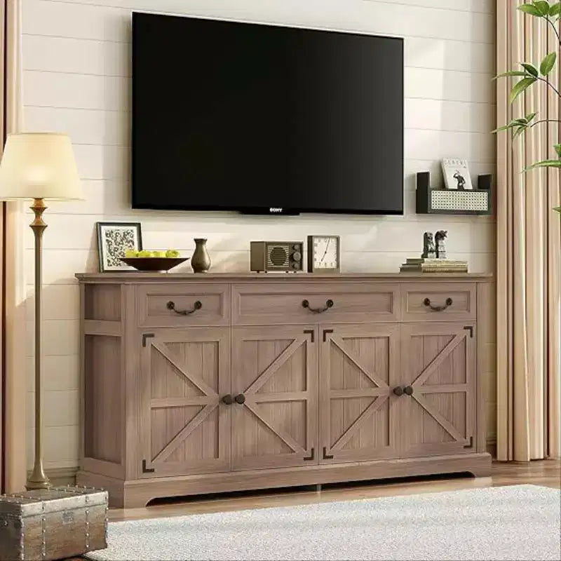 65" Large Farmhouse Buffet Storage Cabinet – 3 Drawers, 4 Doors, Fir Wood