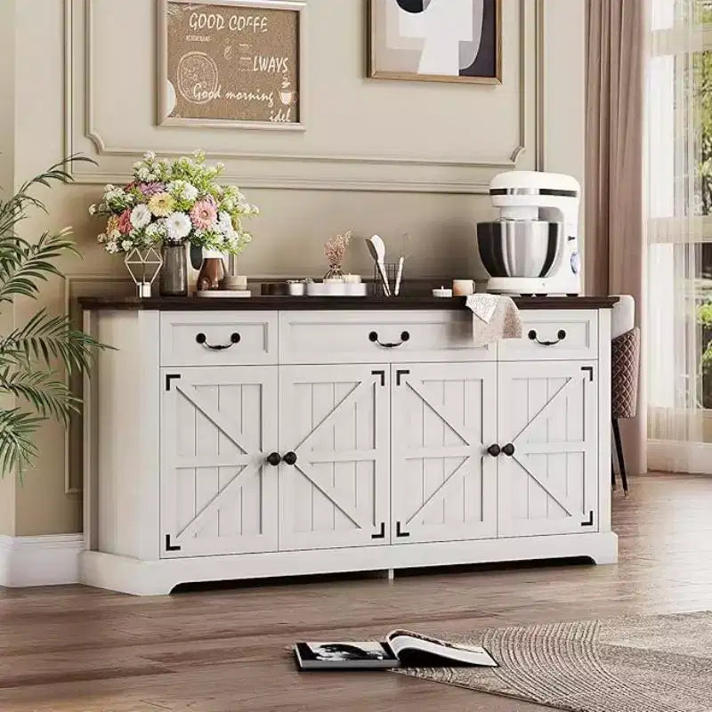 65" Large Farmhouse Buffet Storage Cabinet – 3 Drawers, 4 Doors, Fir Wood