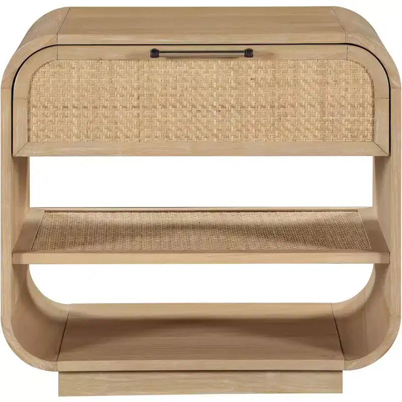 Windsor Mid-Century Nightstand – Natural Rubberwood, Cane Detail, No Assembly