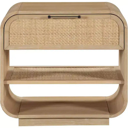 Windsor Mid-Century Nightstand – Natural Rubberwood, Cane Detail, No Assembly
