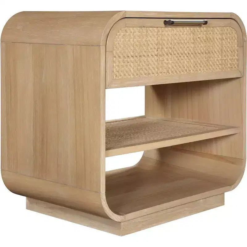 Windsor Mid-Century Nightstand – Natural Rubberwood, Cane Detail, No Assembly