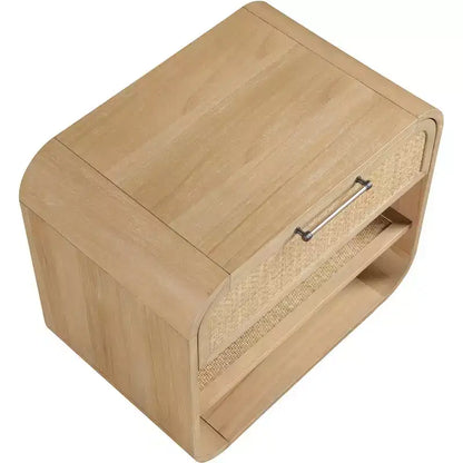 Windsor Mid-Century Nightstand – Natural Rubberwood, Cane Detail, No Assembly