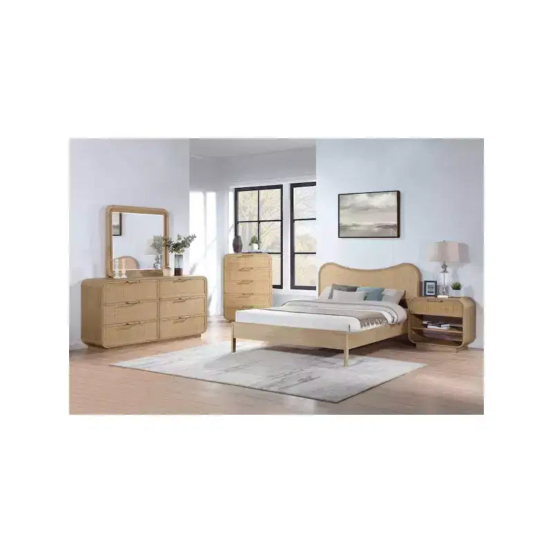 Windsor Mid-Century Nightstand – Natural Rubberwood, Cane Detail, No Assembly