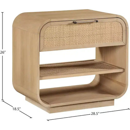 Windsor Mid-Century Nightstand – Natural Rubberwood, Cane Detail, No Assembly