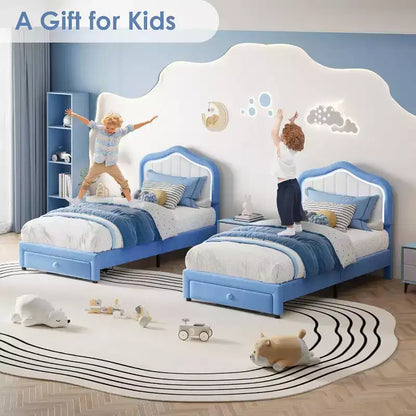 Upholstered Twin Bed Frame with Storage Drawer, Velvet Bed Frame with Headboard for Girls, Boys, No Box Spring Needed, Noise Free, Blue