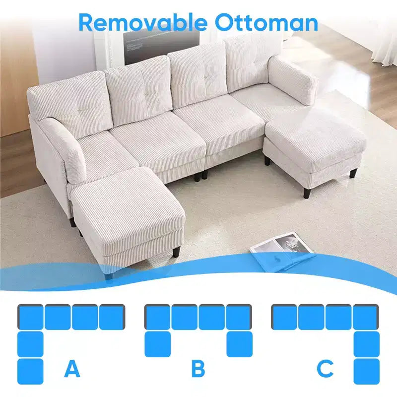 Corduroy U-Shape Modular Sectional Sofa – 4-Seater with 2 Movable Ottomans